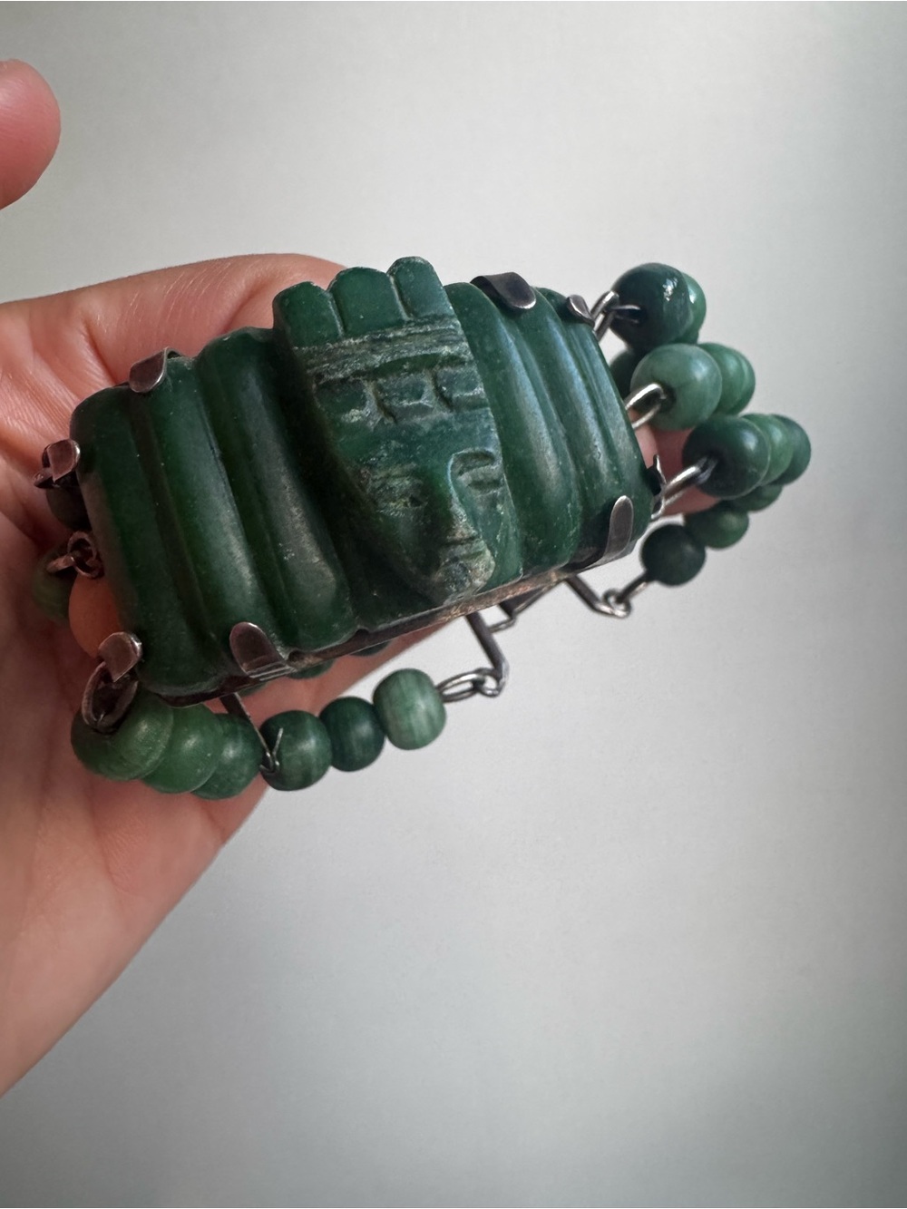 Antique Mexican 925 Sterling Silver Jade Beaded Bracelet Green with Carved Face